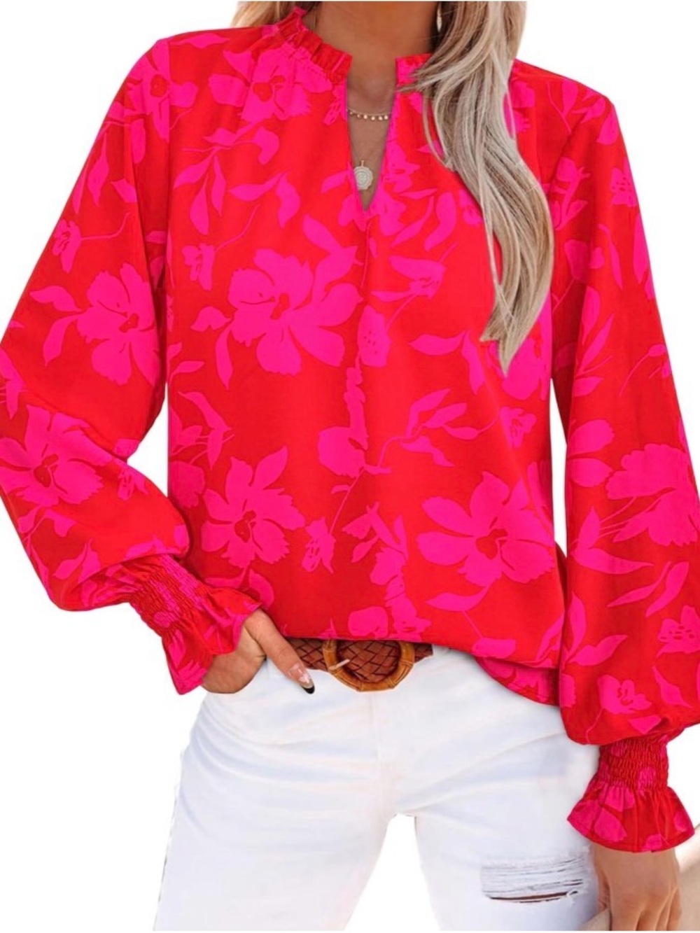 Floral Print Long-Sleeve Blouse - Red/Pink